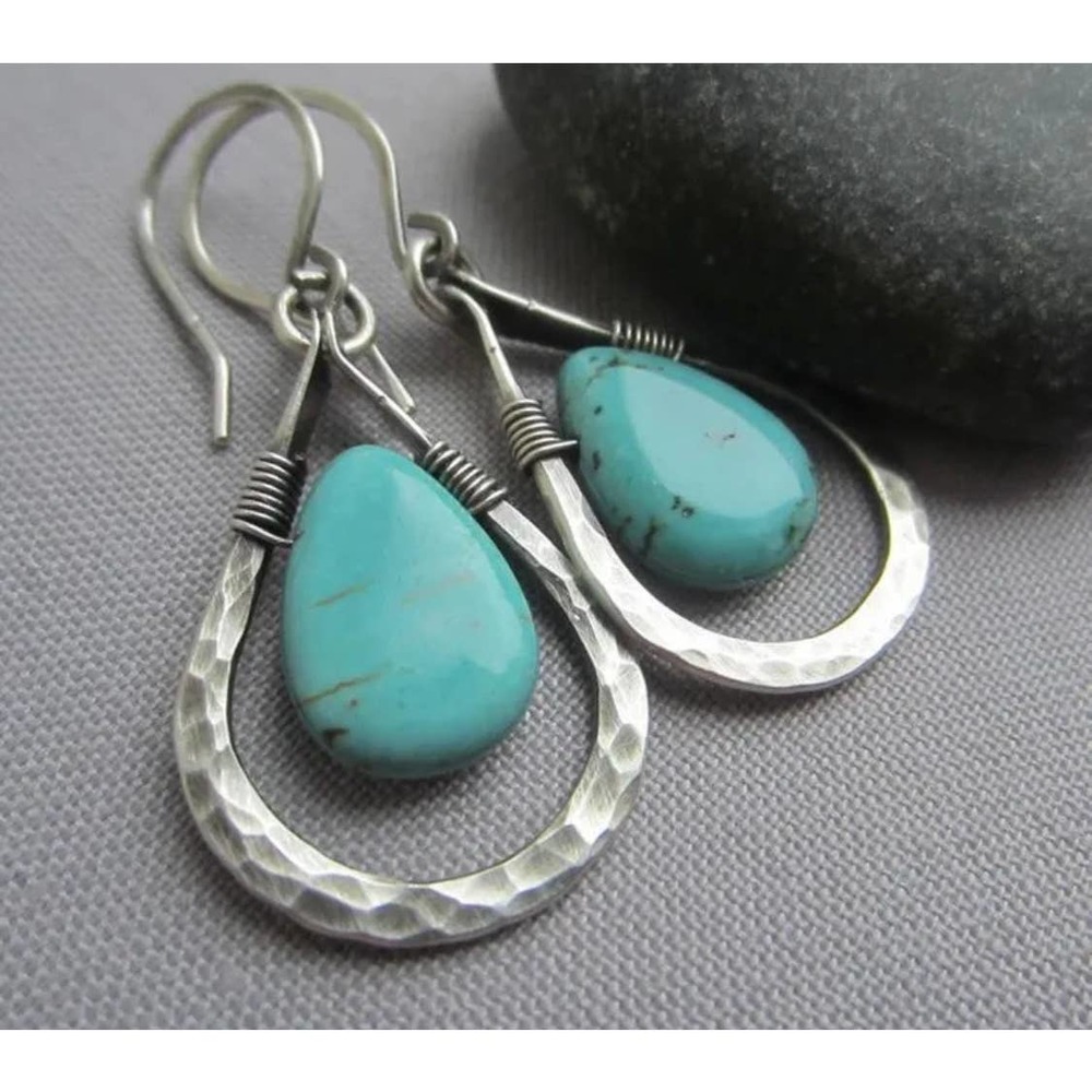 Turquoise Teardrop Earrings Hammered Silver Alloy Vintage Style